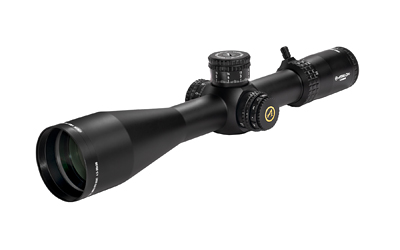 Black tactical rifle scope with adjustment features.