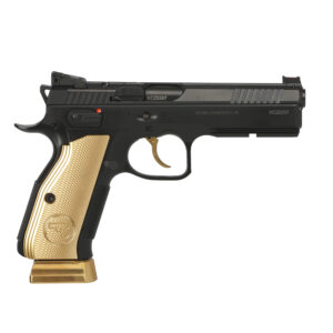 Black and gold semi-automatic handgun on white background