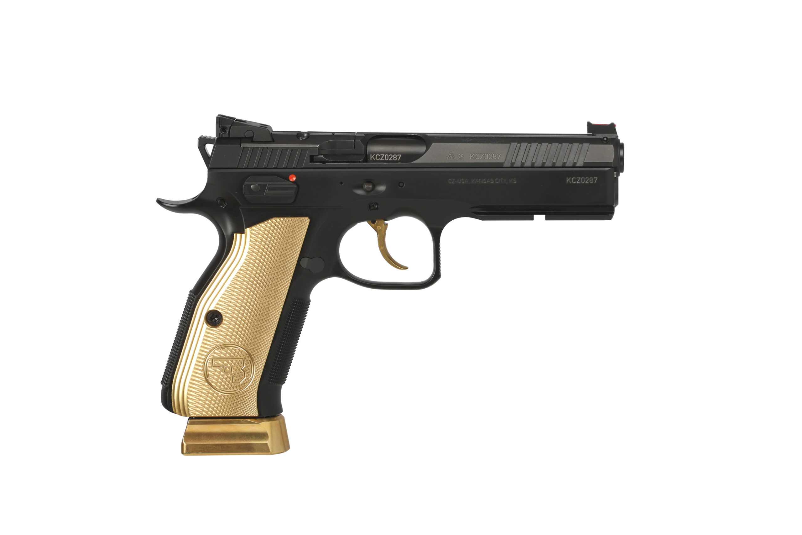 Black and gold semi-automatic handgun on white background
