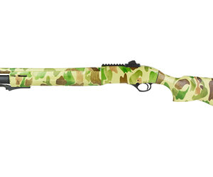 Camouflaged shotgun with a green pattern.
