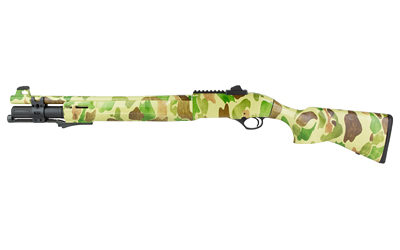 Camouflaged shotgun with a green pattern.