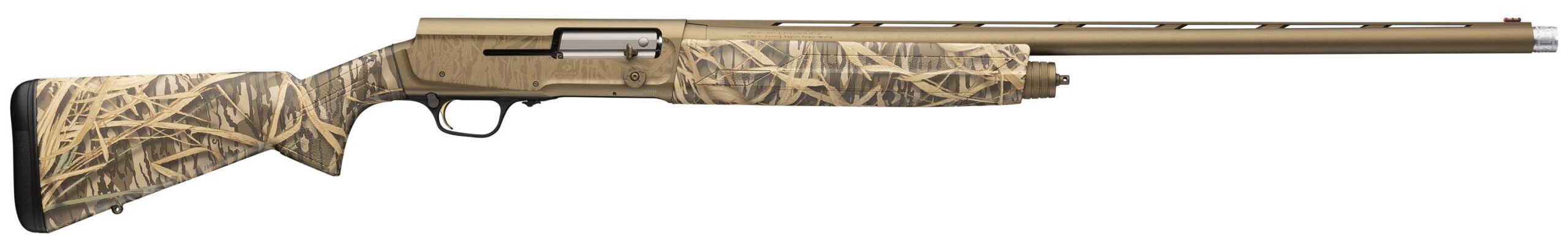 Camouflage shotgun with a sleek design.
