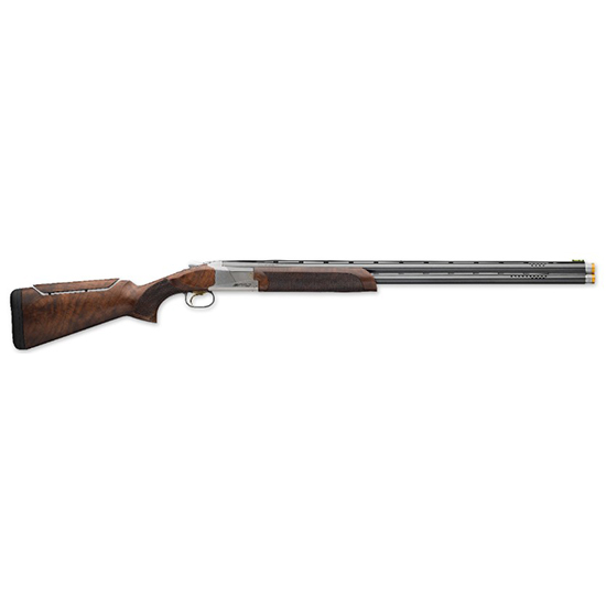 Side view of a shotgun with wooden stock.