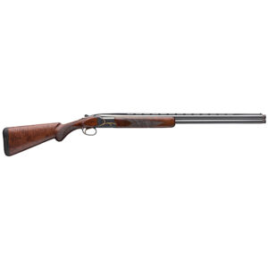 Side view of a double-barrel shotgun.