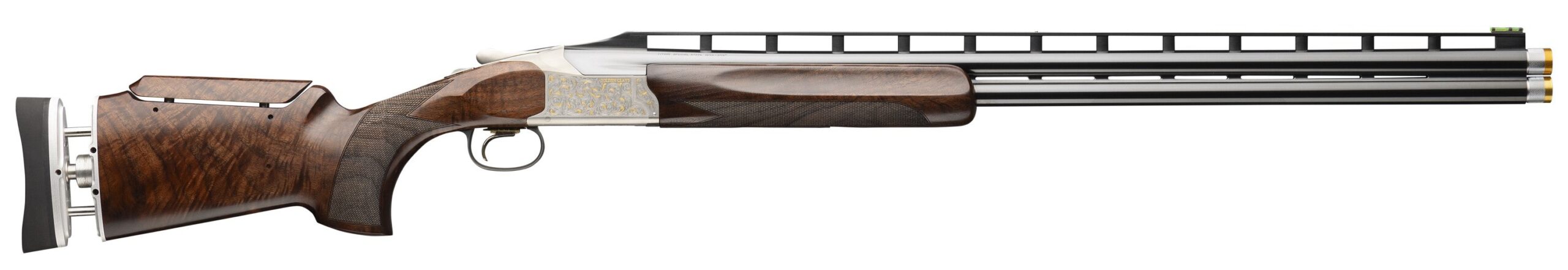 Side view of a detailed sporting shotgun.