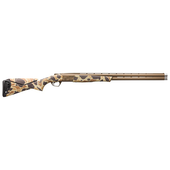 Camo-patterned hunting shotgun side view