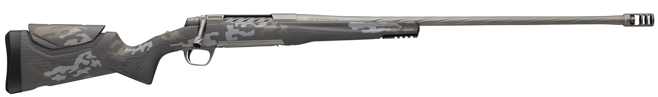 Profile view of a modern hunting rifle.