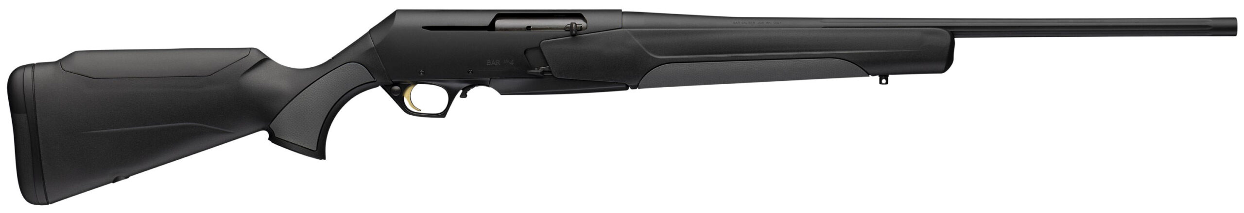 Side view of a sleek black rifle.