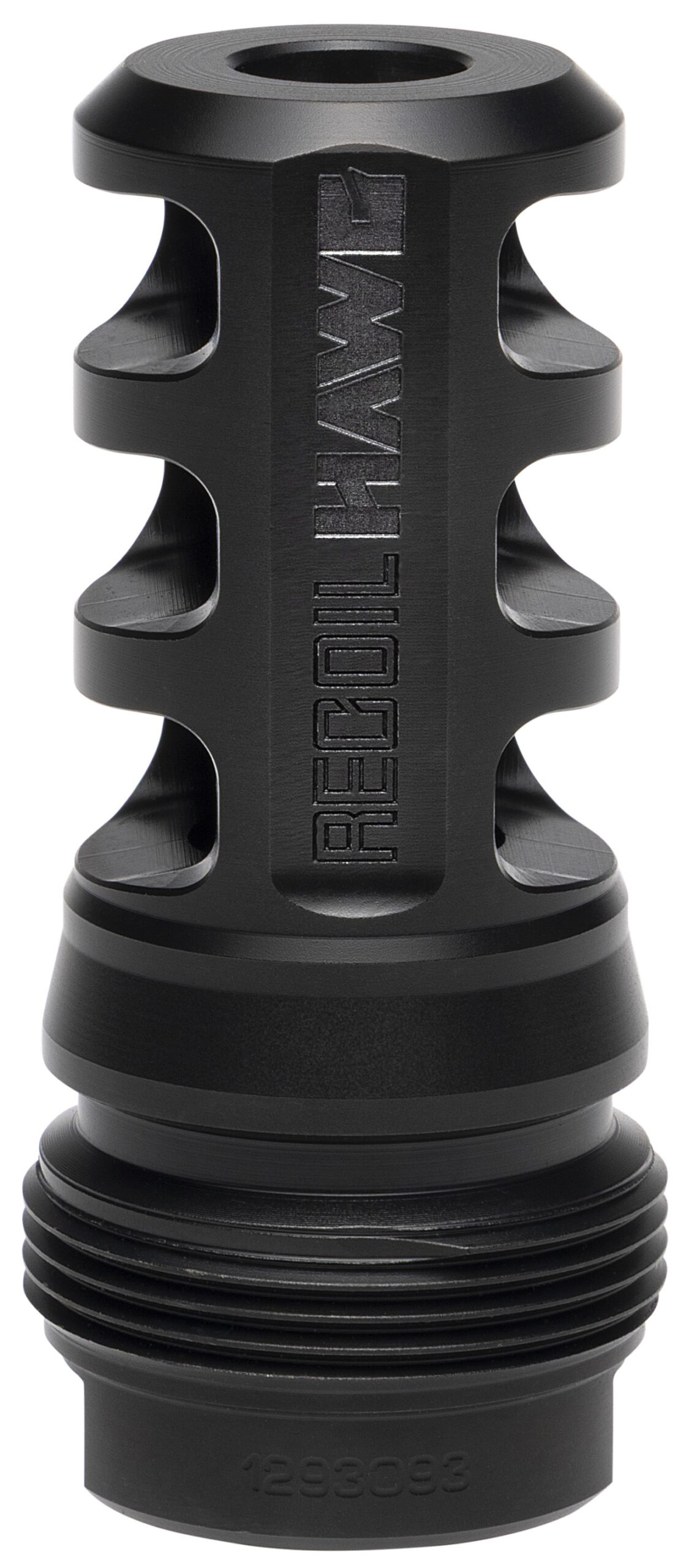 Black metal recoil compensator with engraved branding