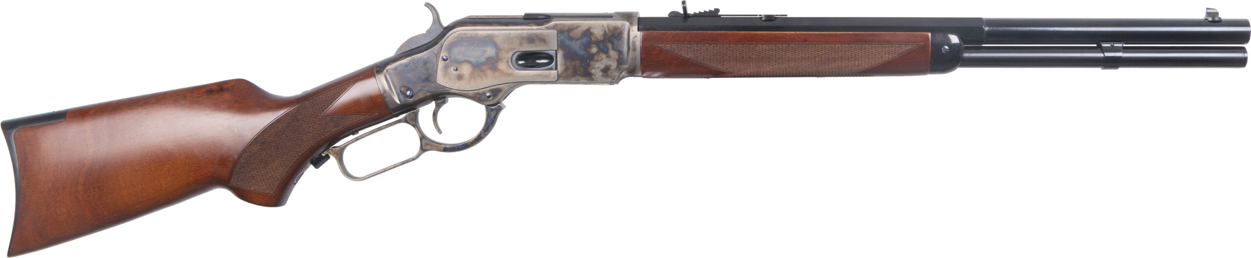 Side view of a lever-action rifle.