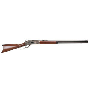 Vintage lever-action rifle with wooden stock.