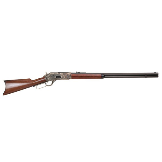 Vintage lever-action rifle with wooden stock.