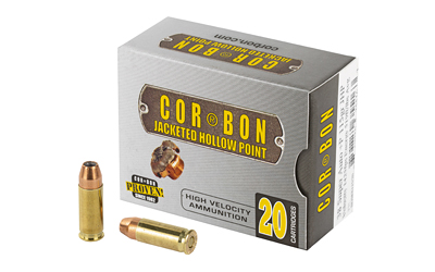 Box of COR-BON jacketed hollow point ammunition.