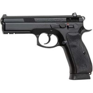 Black semi-automatic handgun on white background.