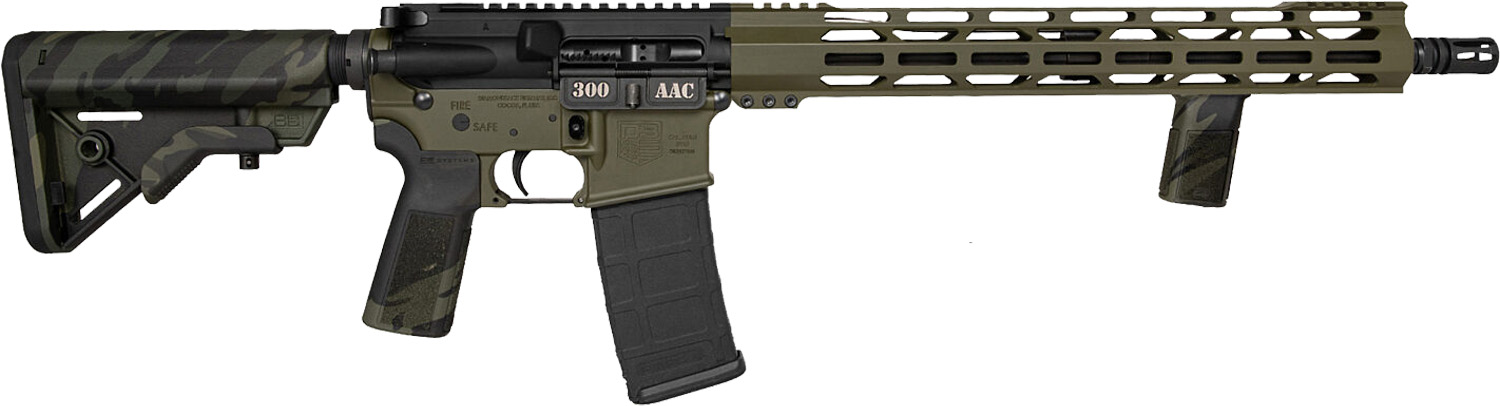 Modern camouflage rifle with tactical design features.