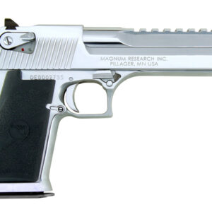 Silver handgun with textured grip, side view.
