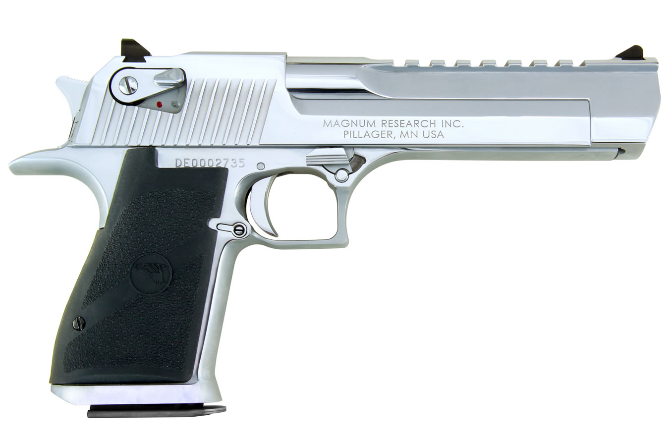 Silver handgun with textured grip, side view.
