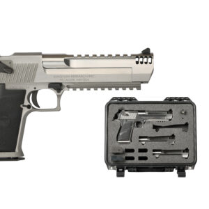 Silver handgun with black accessories in case