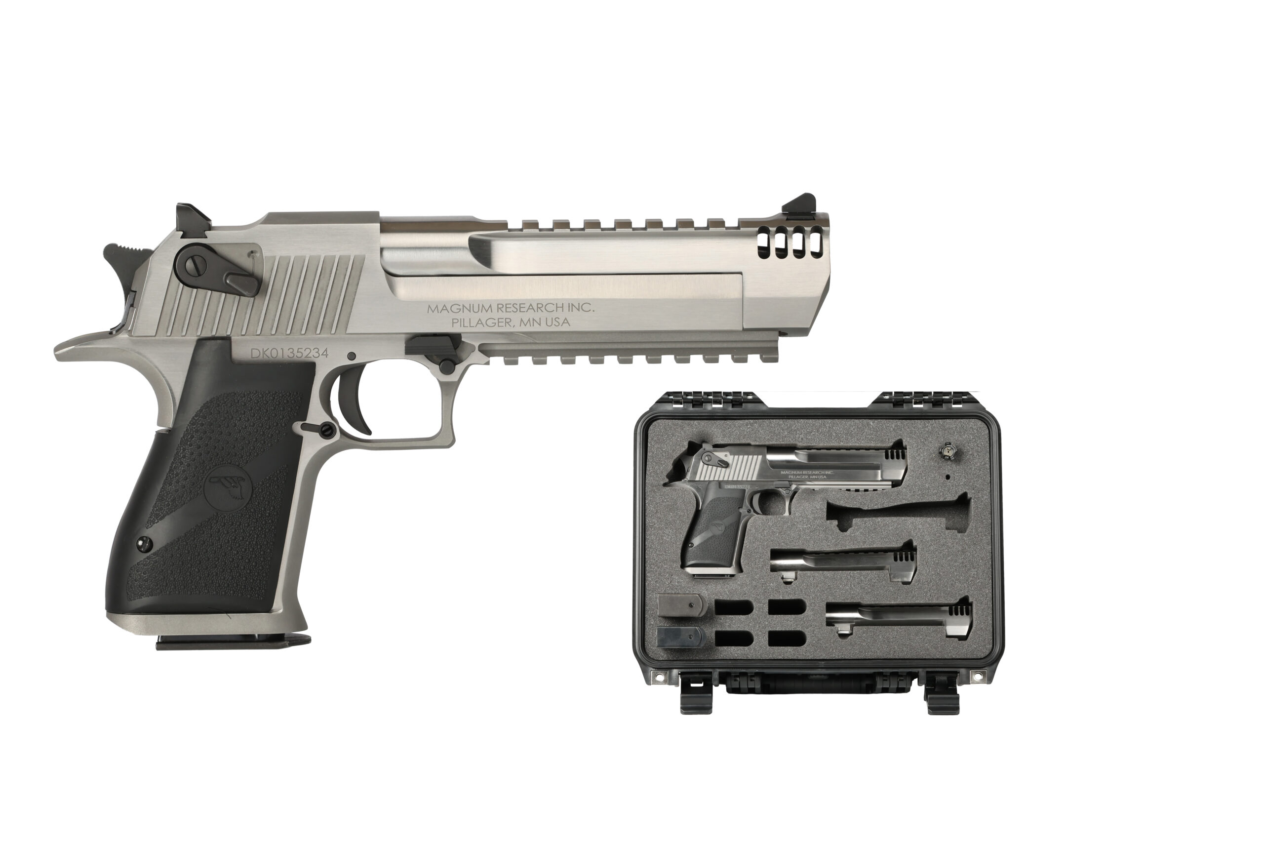 Silver handgun with black accessories in case