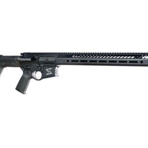 Black semi-automatic rifle with a long barrel.