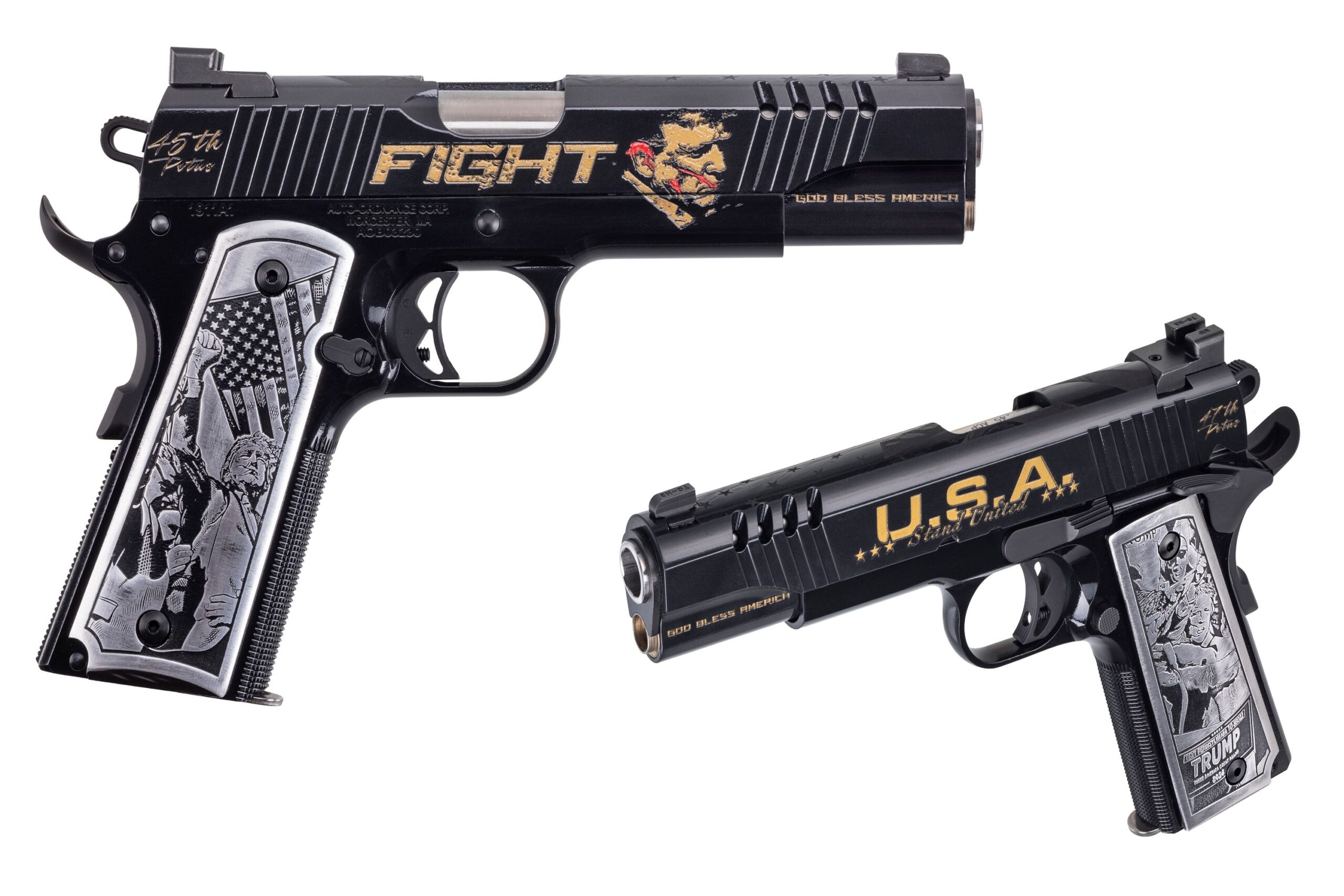 Two engraved black handguns with patriotic designs