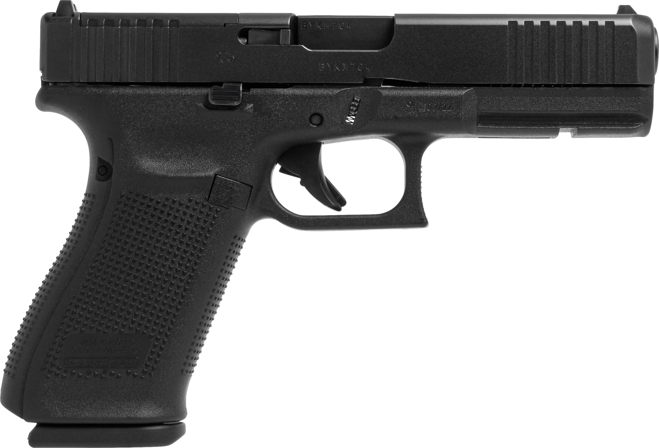 Black semi-automatic handgun on white background