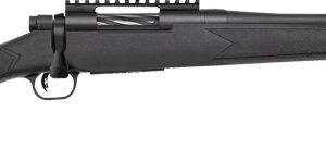 Black modern rifle with scope attachment.