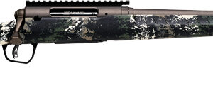 Camouflaged rifle on a white background.
