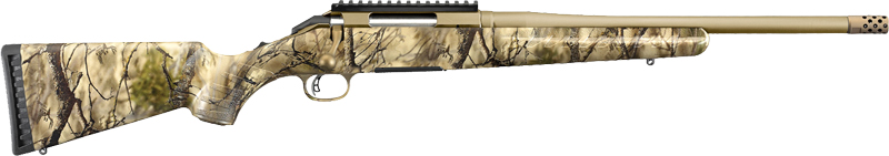 Side view of a camouflaged hunting rifle.