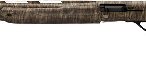 Side view of a camouflaged shotgun.