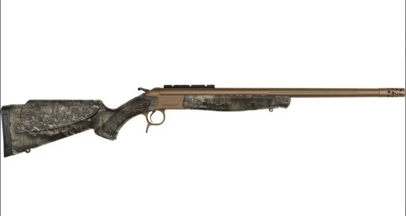 Side view of a camouflaged hunting rifle.