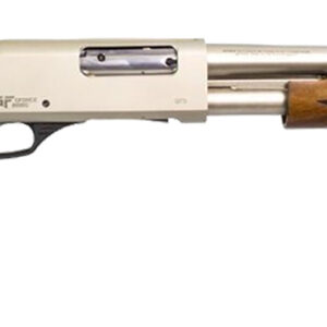Side view of a shotgun with wooden stock.