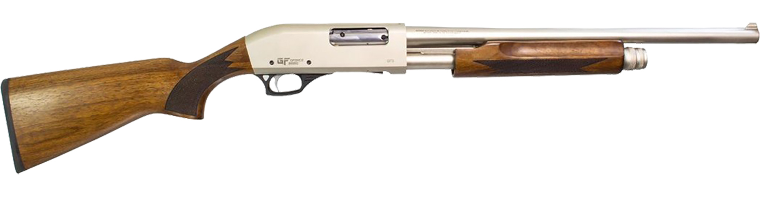 Side view of a shotgun with wooden stock.