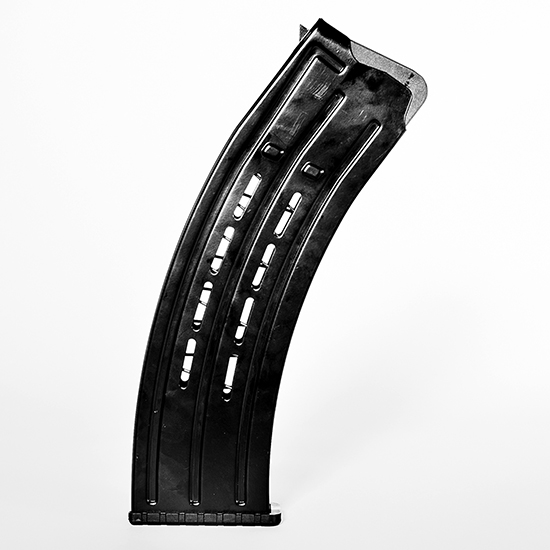 Curved black magazine for firearms.