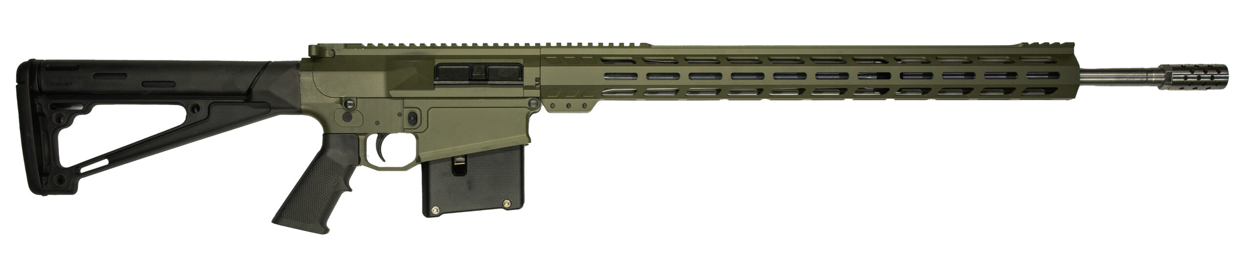 Military style rifle in olive green finish.