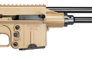 Tan firearm with black accessories and a grip.