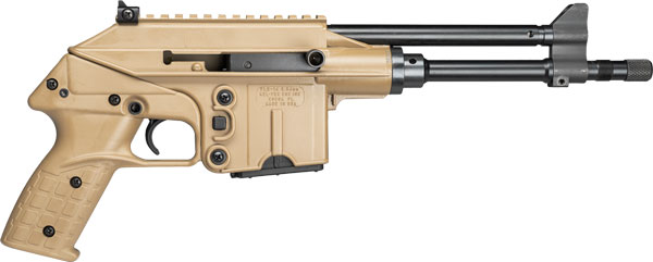 Tan firearm with black accessories and a grip.