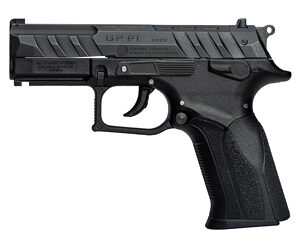 Black handgun on a white background.