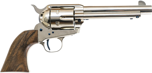 Shiny revolver with wooden grip on white background.