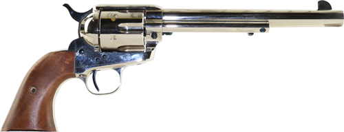 Side view of a silver revolver with wooden grip.