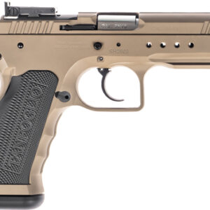 Tan semi-automatic pistol with textured grip.