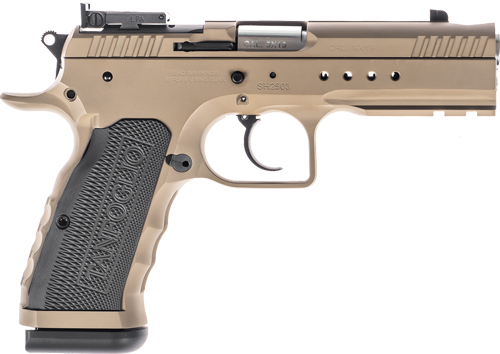 Tan semi-automatic pistol with textured grip.