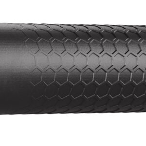 Black suppressor with textured grip surface.