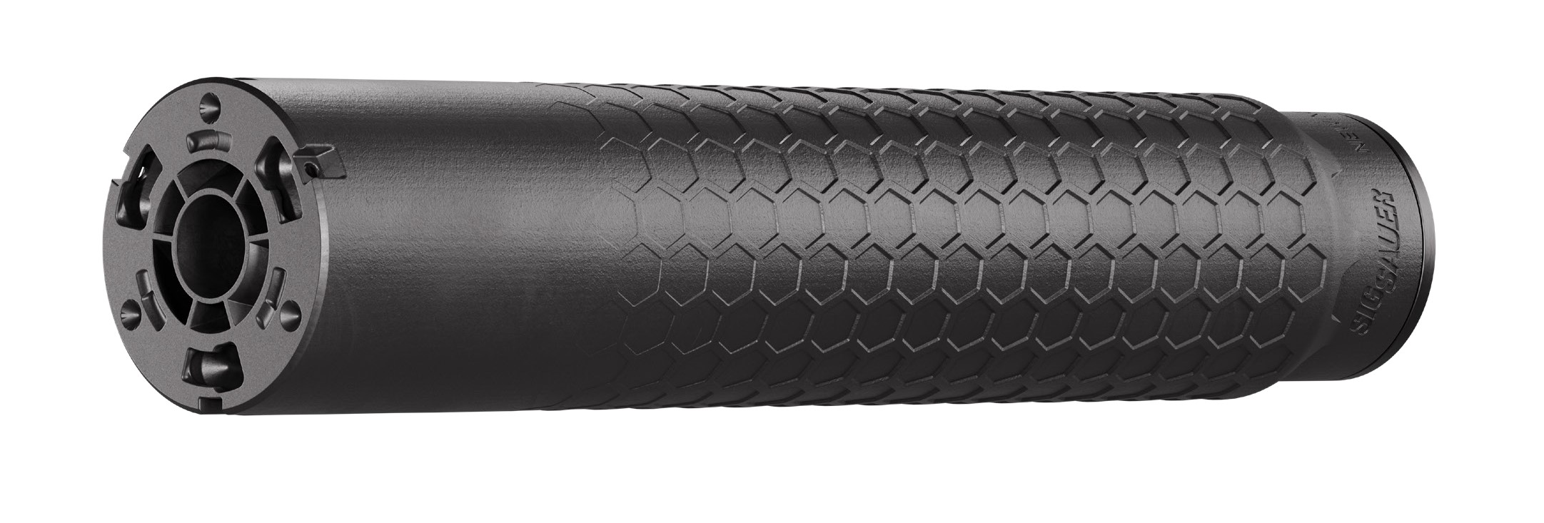 Black suppressor with textured grip surface.