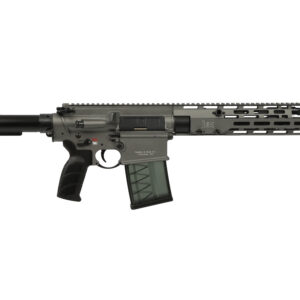 Modern firearm with suppressor and tactical features.