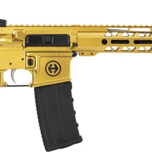 Gold-colored AR-15 style rifle with black components