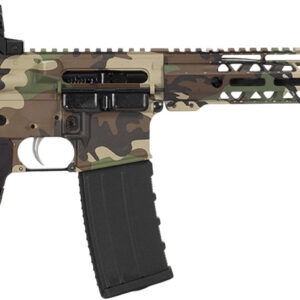 Modern camouflage rifle with adjustable stock.