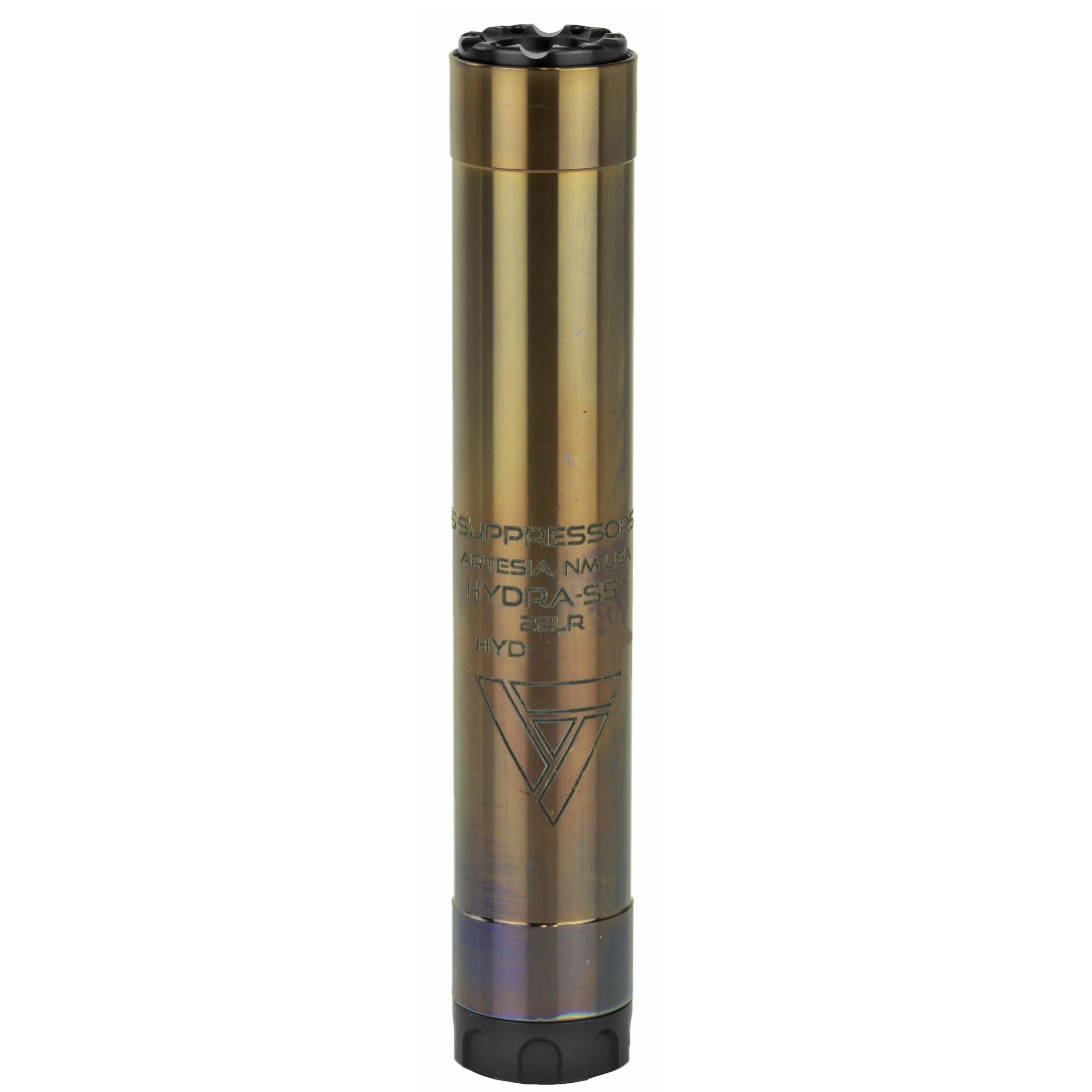 Hydra-SS firearm suppressor with metallic finish.