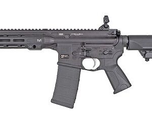 Modern rifle with tactical features and design.