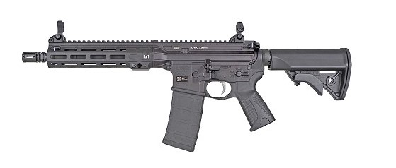Modern rifle with tactical features and design.